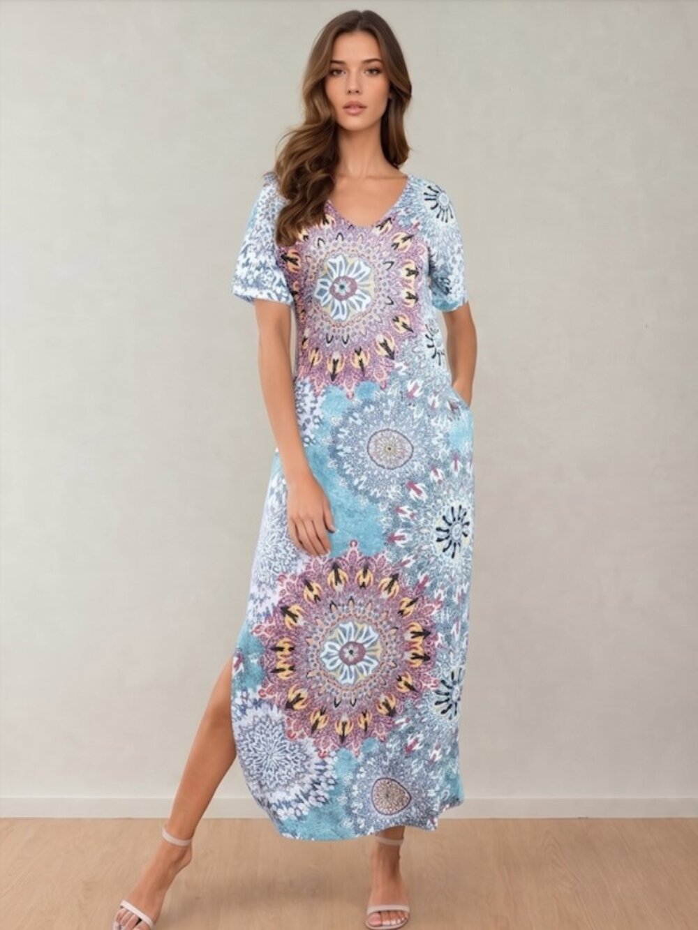 Blue Mandala Flower Print Split Thigh Dress